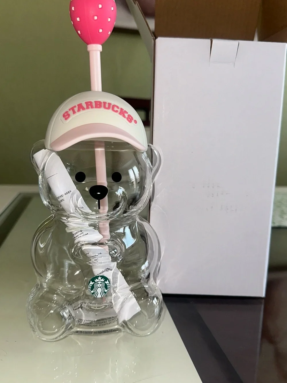 Starbucks Clear Bear Sipper Bottle with Pink Hat & Strawberry Straw Top